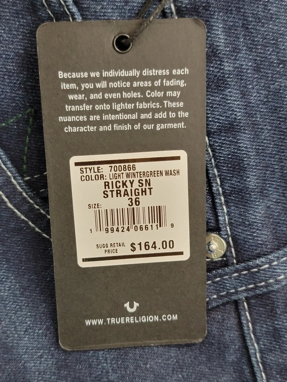 Ricky SN Straight  Wintergreen True Religion Waist 36X34 Men's Jeans 700866 New